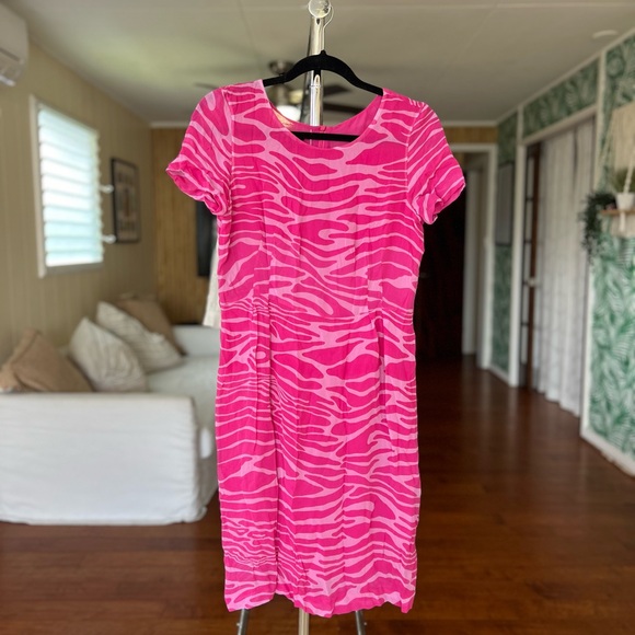 HOLD Vintage Retro Escada Hot Pink Zebra Animal Print Silk Short Sheath Dress 38 - Picture 3 of 8
